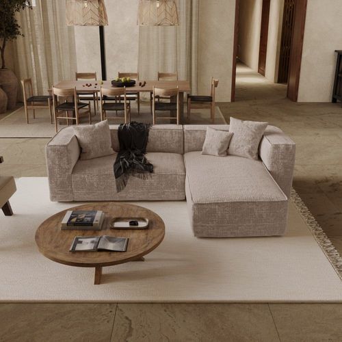 Canapé D'angle Droit 5 Places En Velours Gaufré Beige