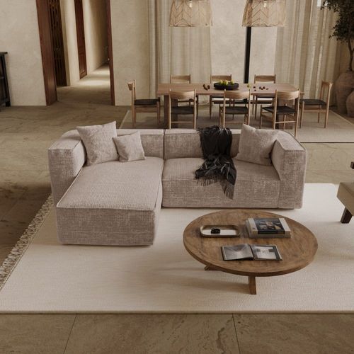 Canapé D'angle Gauche 5 Places En Velours Gaufré Beige