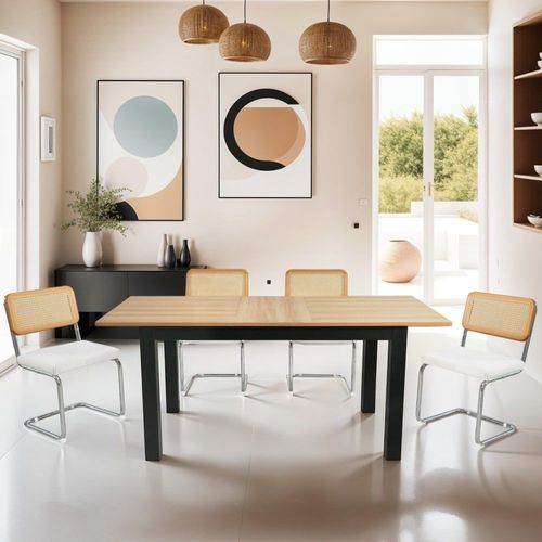 Table À Manger Extensible Effet Bois 6/8 Personnes, Piètement Noir