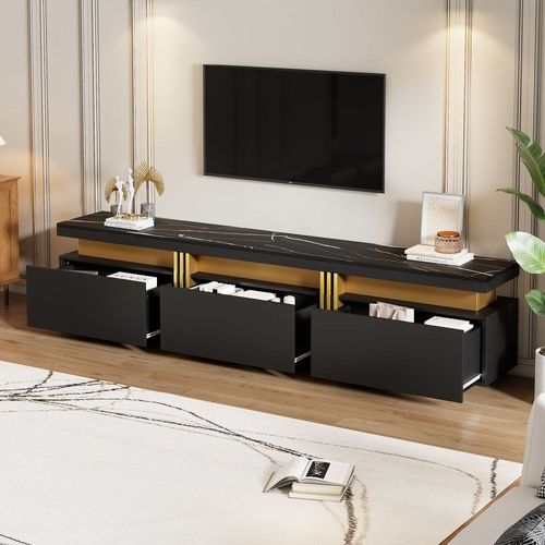 Meuble Tv Moderne Noir Doré Effet Marbre Avec Trois Tiroirs