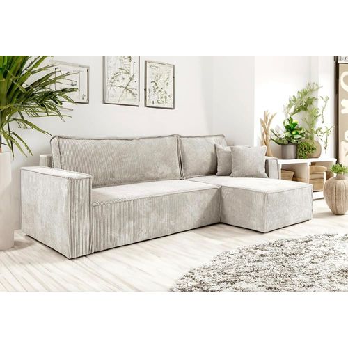 Canapé D'angle Convertible 4 Places En Velours Côtelé Beige