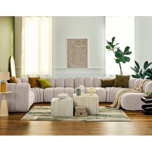 Canapé Modulable 7 Places Angle Droit En Tissu Texturé Beige