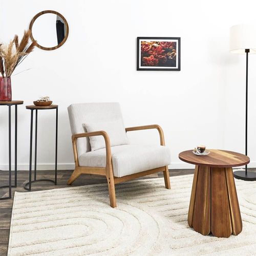 Fauteuil En Velours Côtelé Coloris Crème Pieds Et Accoudoirs En Hévéa