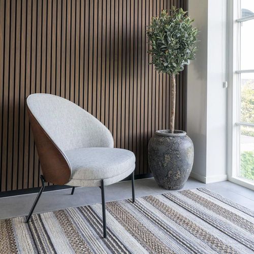 Fauteuil Tissu Gris Chiné Dossier Bois Imitation Noyer Pieds Métal No