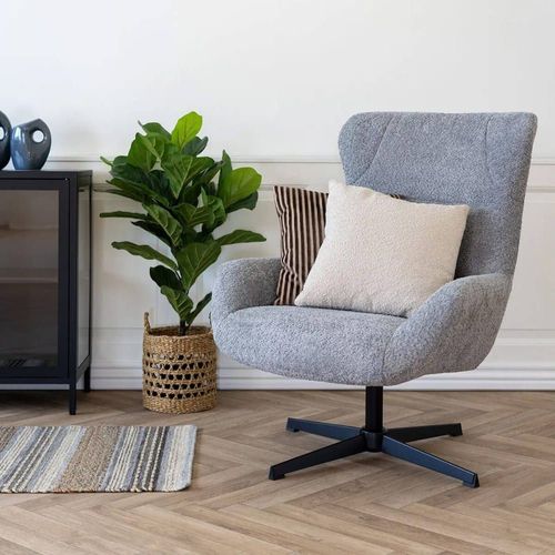 Fauteuil Tissu Peluche Gris Pied Pivotant Métal Noir