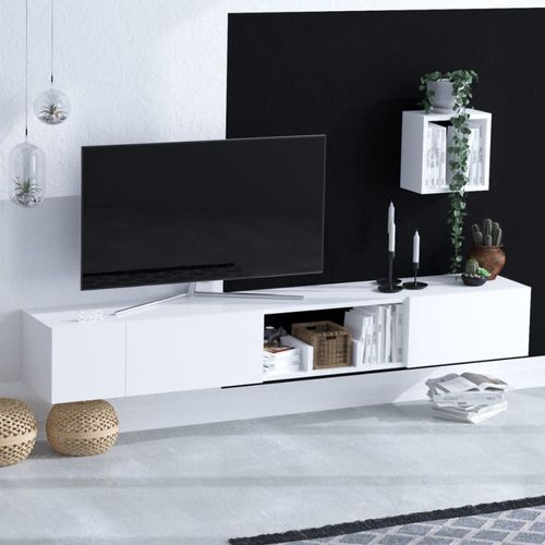 Meuble Tv Suspendu 3 Portes 1 Niche Blanc L180 Cm