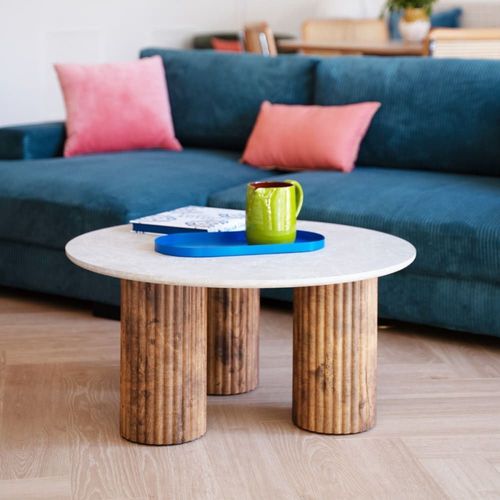 Table Basse Ronde Effet Marbre Blanc Et Bois 80 Cm