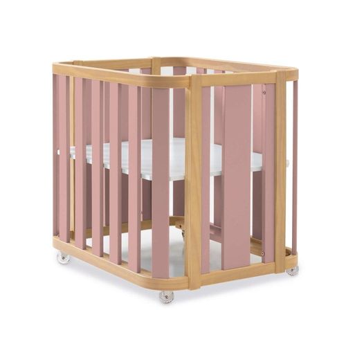 Berceau Bois/Rose 55x70 Cm Avec Matelas Et Textile Gris Clair