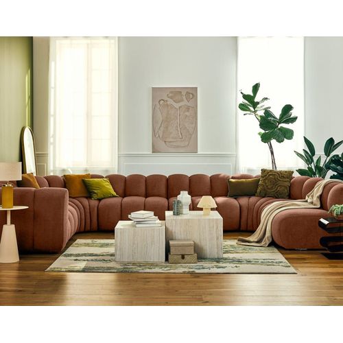 Canapé Modulable 7 Places Angle Droit En Tissu Texturé Terracotta