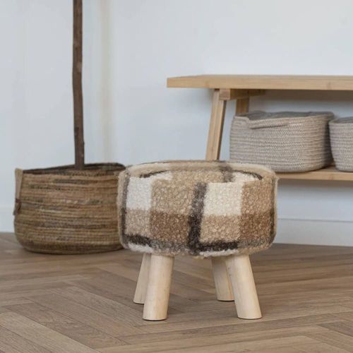 Tabouret Bas Tissu Bouclé Imprimé Ecossais Pieds En Pin Naturel