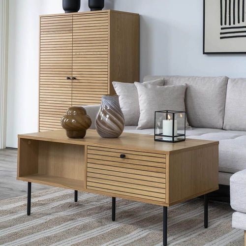 Table Basse 2 Tiroirs Effet Tasseaux Teinté Chêne Clair
