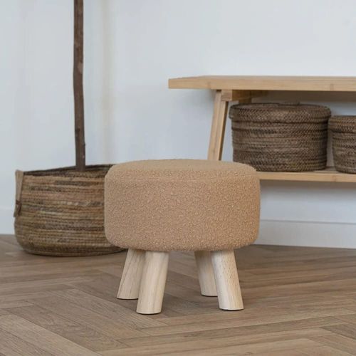 Tabouret Bas Tissu Bouclé Beige Pieds En Pin Naturel