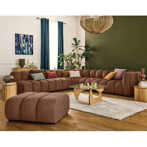 Canapé Modulable 5 Places Angle Gauche En Tissu Texturé Terracotta