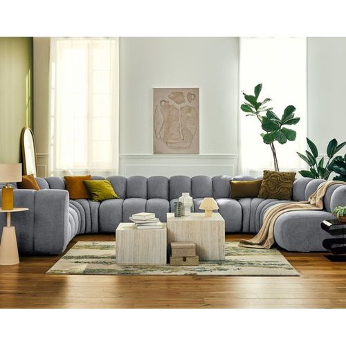 Canapé Modulable 7 Places Angle Droit En Tissu Texturé Gris