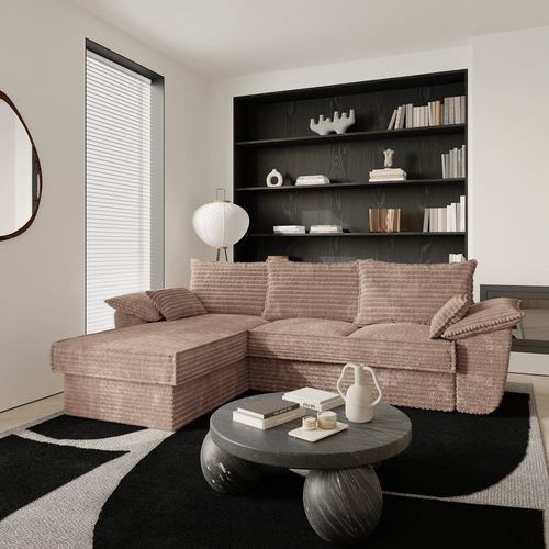 Canapé D'angle Gauche Convertible Velours Côtelé Xxl Taupe 257cm
