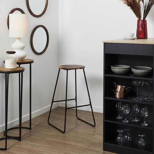 Tabouret De Bar En Métal Filaire Noir Et Assise En Acacia