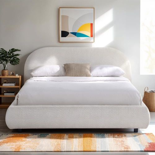 Lit 180x200 Cm Avec Tête De Lit En Tissu Bouclé Beige