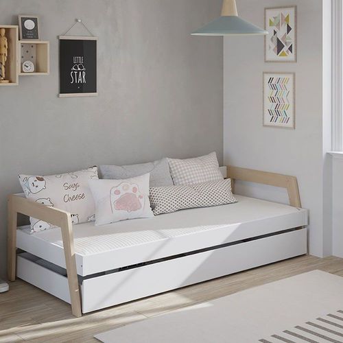 Lit Banquette 90x200cm Avec Tiroir En Mdf Et Pin Coloris Blanc Et Nat