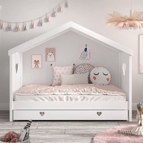 Lit Cabane Ouvert 90x200cm Blanc Avec Tiroir De Lit