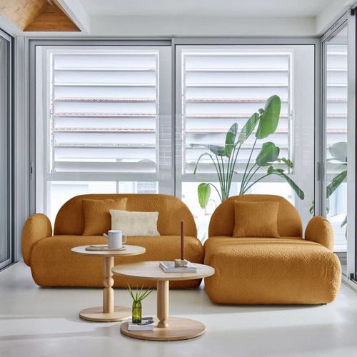 Canapé Angle Droit 5 Places En Tissu Bouclette Ocre