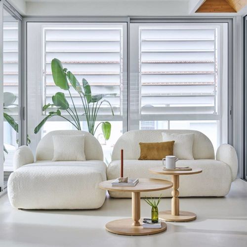 Canapé Angle Gauche 5 Places En Tissu Bouclette Ivoire