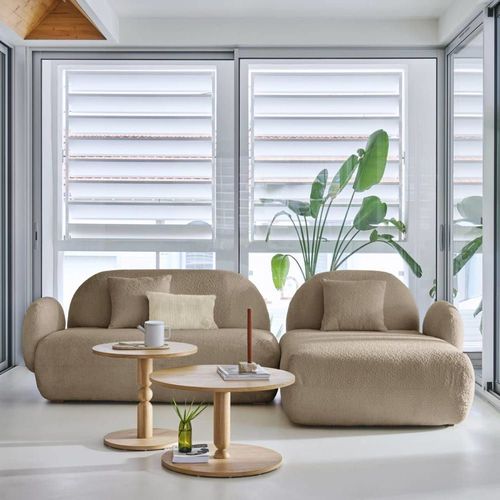 Canapé Angle Droit 5 Places En Tissu Bouclette Beige