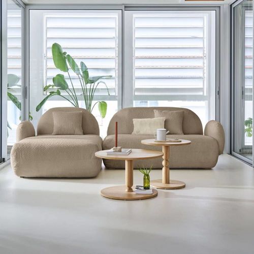 Canapé Angle Gauche 5 Places En Tissu Bouclette Beige