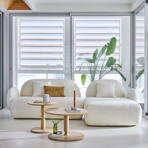 Canapé Angle Droit 5 Places En Tissu Bouclette Ivoire