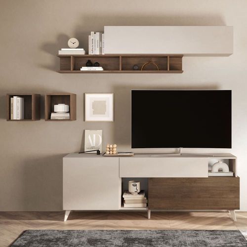 Meuble Tv 2 Portes L180 Cm - Effet Beige Et Bois