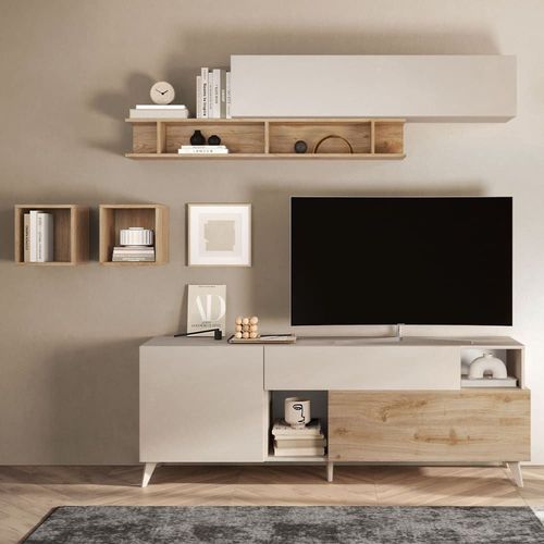 Meuble Tv 2 Portes L180 Cm - Effet Beige Et Chêne