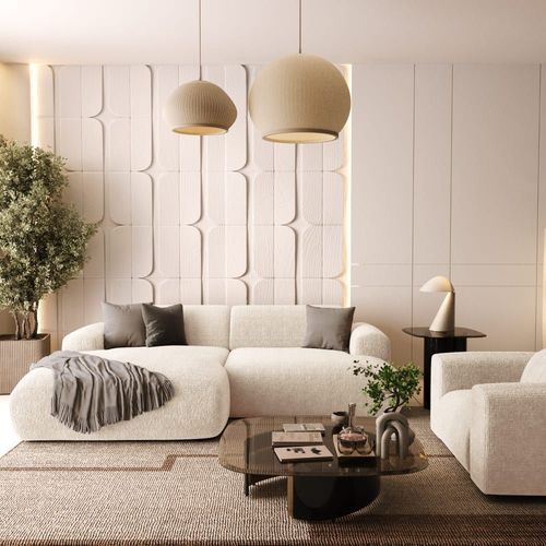 Canapé D'angle Gauche 4 Places Velours À Motifs Crème 266cm