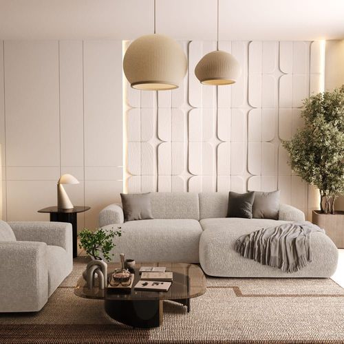 Canapé D'angle Droit 4 Places Velours À Motifs Beige 266cm