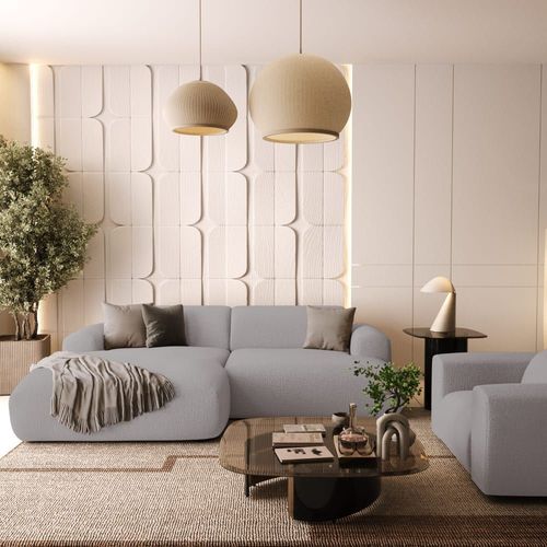 Canapé D'angle Gauche 4 Places Tissu Tramé Gris Clair 266cm