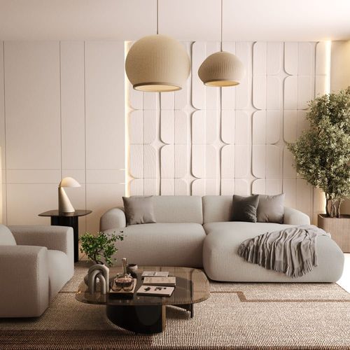 Canapé D'angle Droit 4 Places Tissu Tramé Beige 266cm