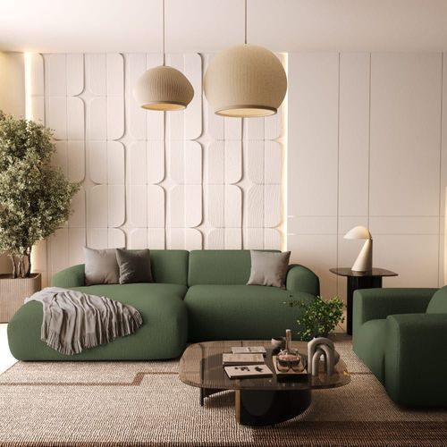 Canapé D'angle Gauche 4 Places Tissu Tramé Vert Olive 266cm
