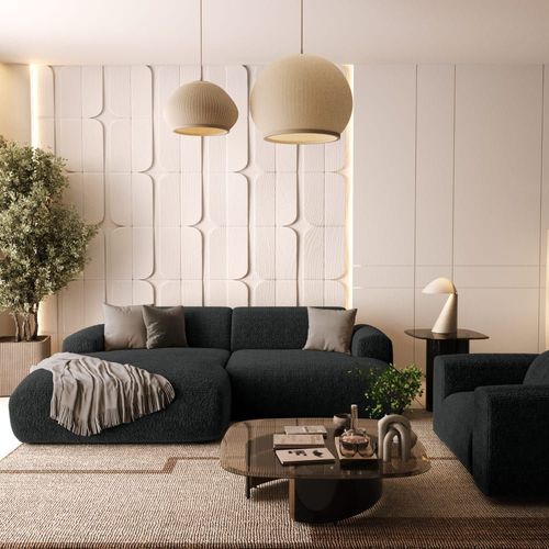 Canapé D'angle Gauche 4 Places Velours À Motifs Noir 266cm