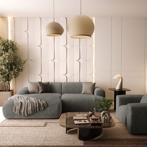 Canapé D'angle Gauche 4 Places Velours À Motifs Gris 266cm