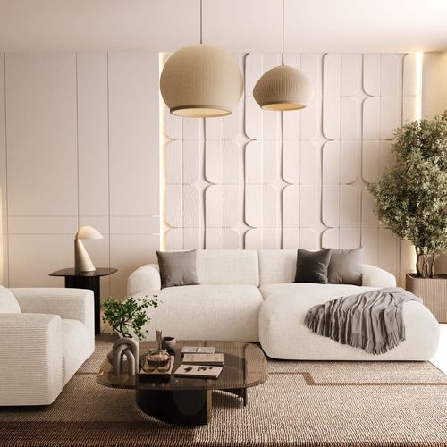 Canapé D'angle Droit 4 Places Velours Côtelé Crème 266cm