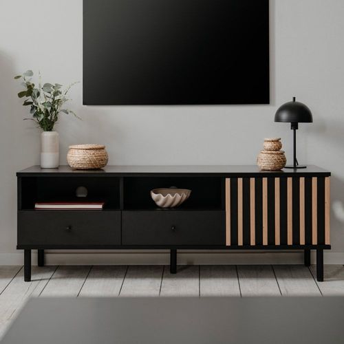 Meuble Tv 1 Porte, 2 Tiroirs, 2 Niches Noir Et Effet Chêne