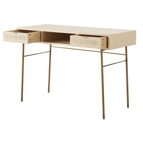 Bureau 2 Tiroirs Cannage En Rotin