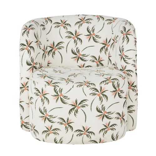 Fauteuil En Textile Recyclé Tissé Jacquard Beige Motifs Palmiers Verts Et Oranges