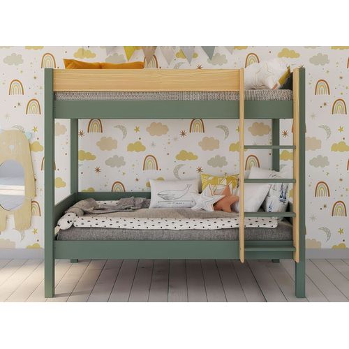 Lit Superposé 90x190 En Pin Massif Kaki Et Bois
