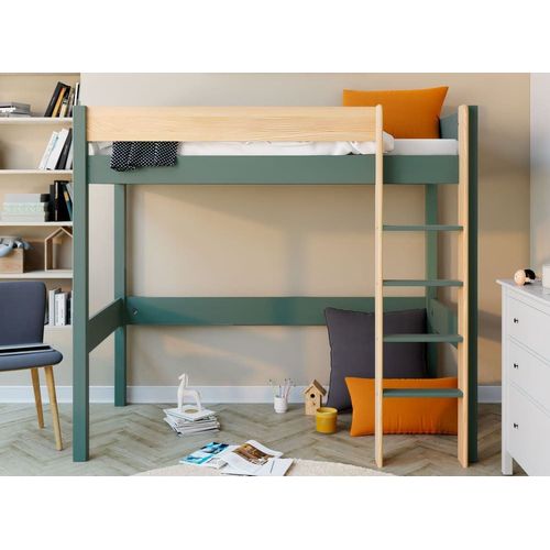 Lit Mezzanine 90x190 En Pin Massif Kaki Et Bois