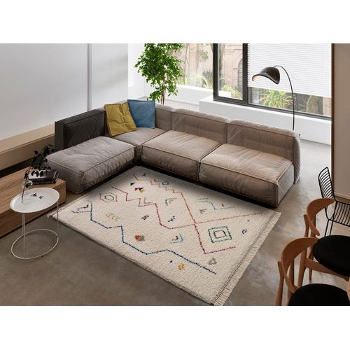 Tapis Shaggy Avec Franges, Blanc À Motifs Multicolore, 120x170 Cm