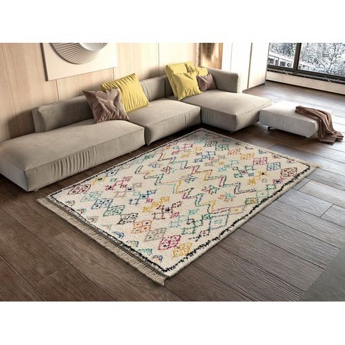 Tapis Shaggy Avec Franges, Blanc À Motifs Multicolore, 120x170 Cm