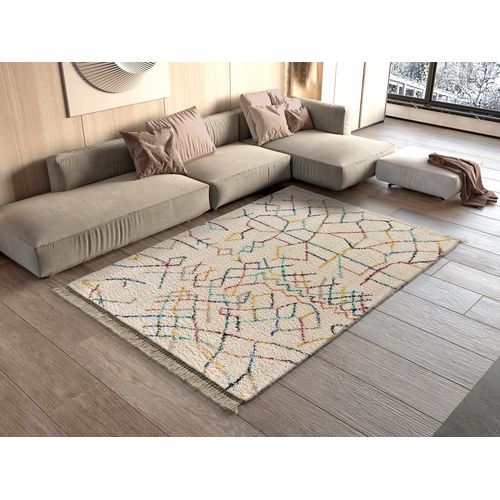 Tapis Shaggy Avec Frange, Blanc À Motifs Multicolores, 120x170 Cm