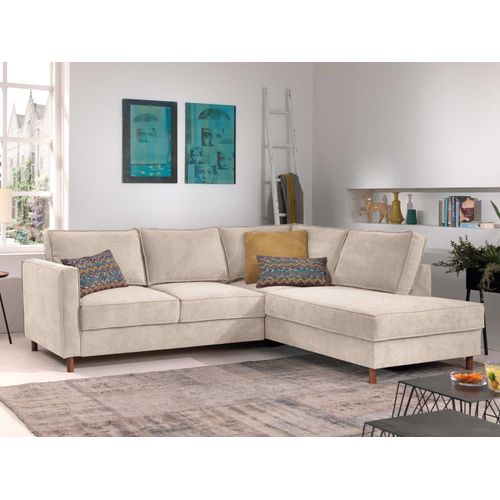 Canapé D'angle Droit Convertible 5 Places En Velours Côtelé Beige