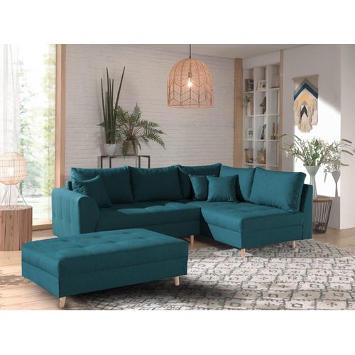 Canapé D'angle Droit Convertible 4 Places En Tissu Bleu Canard