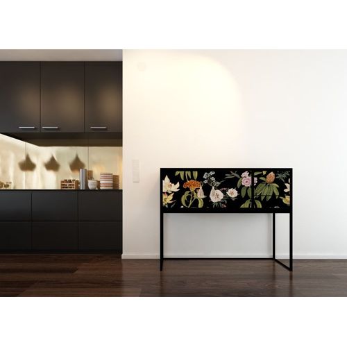 Console Mdf Laquée 2 Portes 3 Tiroirs Imprimé Floral Fond Noir