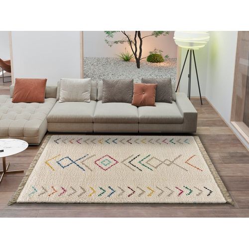 Tapis Shaggy Avec Franges En Blanc À Motifs Multicolore, 120x170 Cm